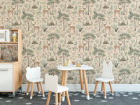 Warm Beige Wildlife wallpaper in a kids room with a toy kitchen, cloud table and bear-ear chairs
