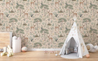 Warm Beige Wildlife wallpaper in a play area with a toddler walker, white storage drum and teepee tent
