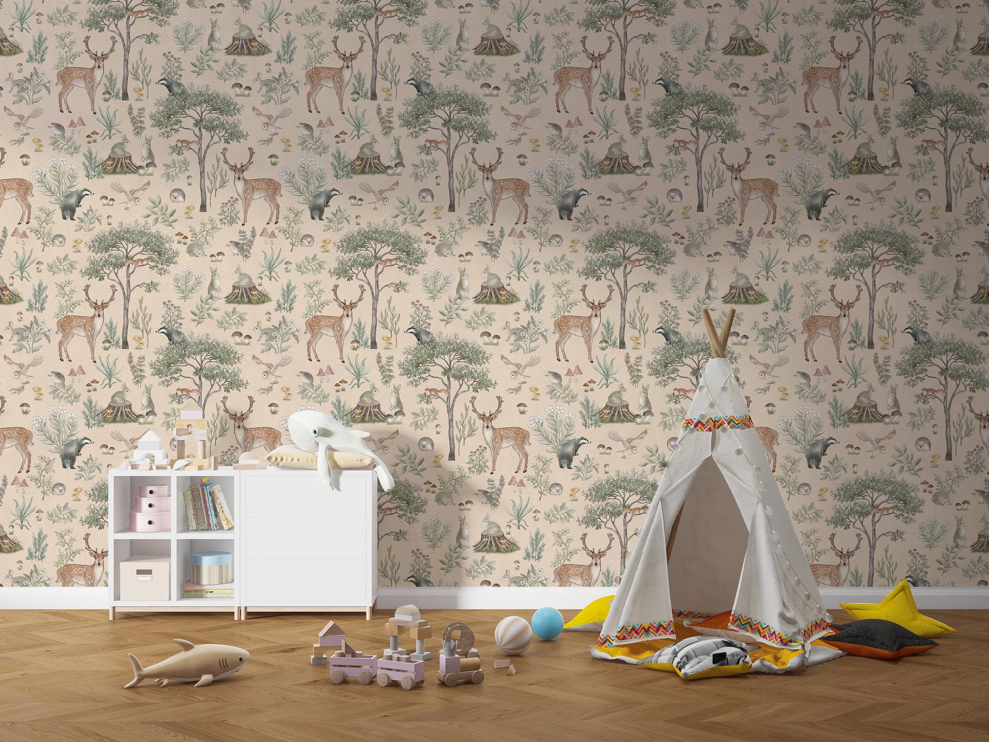 Warm Beige Wildlife wallpaper in a playroom with a white teepee, dresser with owl plush and toy shark