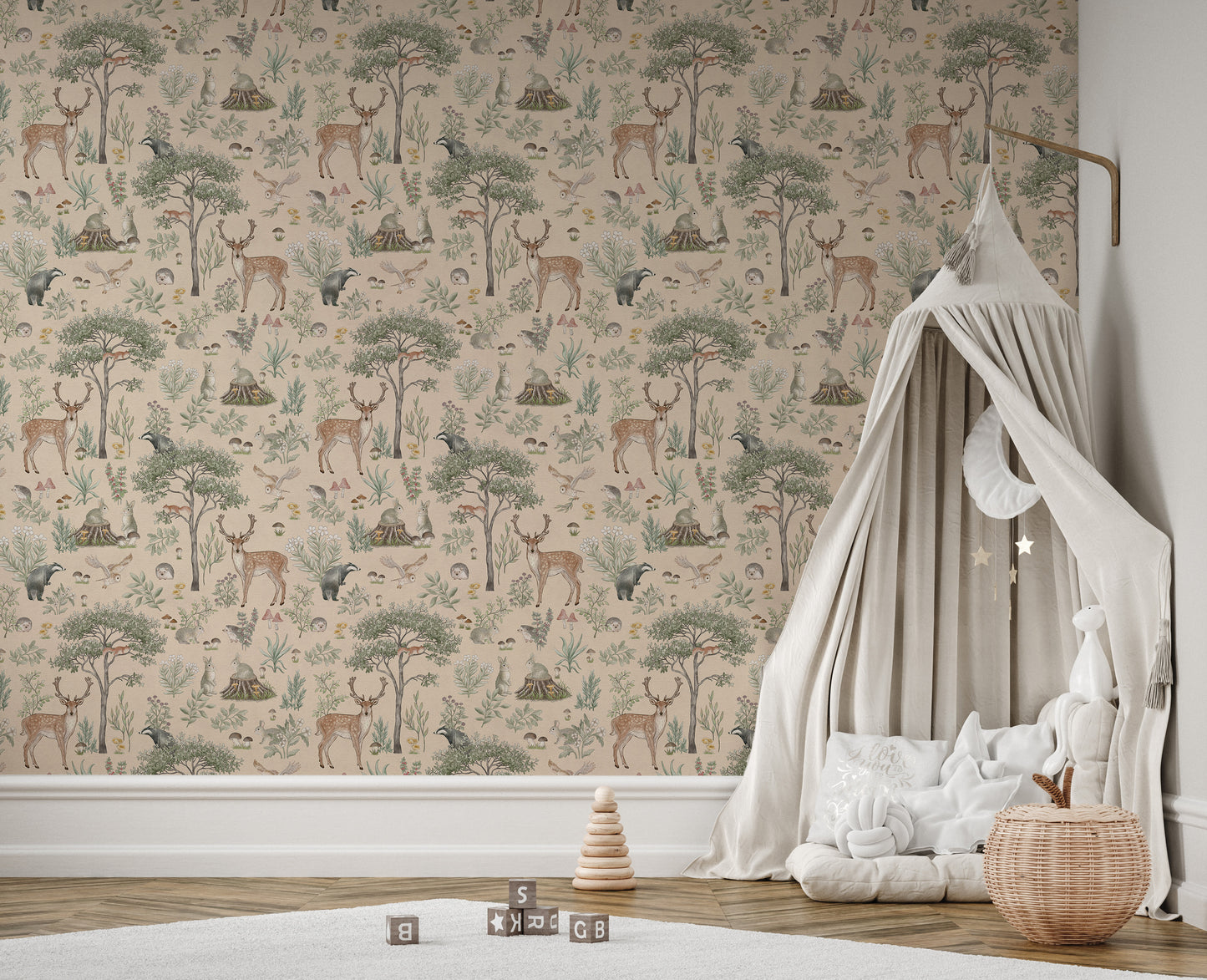 Warm Beige Wildlife wallpaper in a kids corner with a beige canopy bed, moon pillow and rattan basket