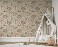 Warm Beige Wildlife wallpaper in a kids corner with a beige canopy bed, moon pillow and rattan basket