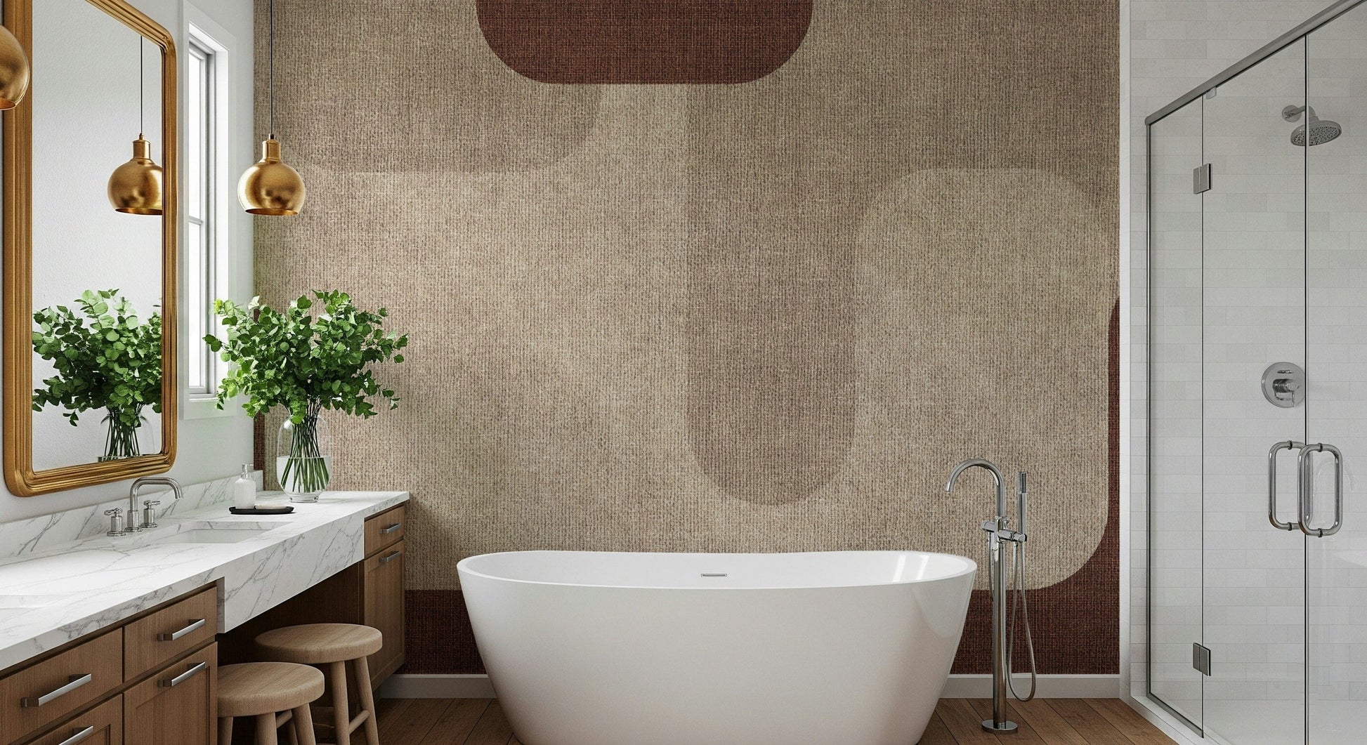 Brown and tan wall covering, large Warm Curves Design artwork.