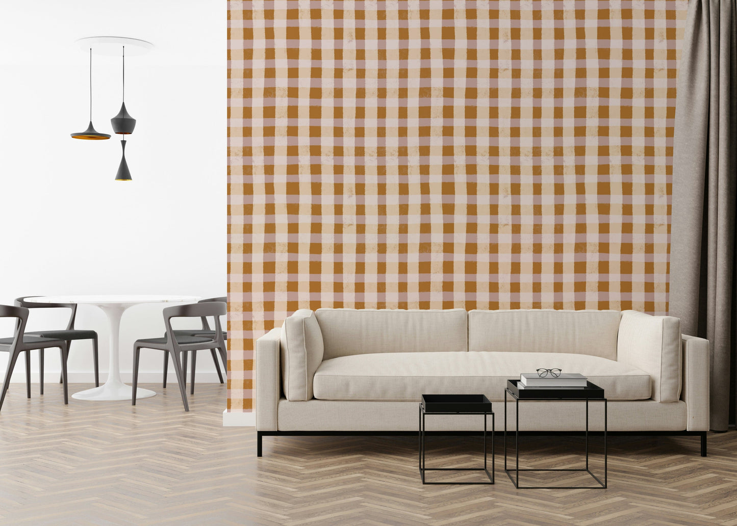 A classic gingham wallpaper pattern softened with textured brown and beige brushwork.