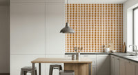 Beige and brown gingham checks forming a charming, country-style wallpaper pattern.