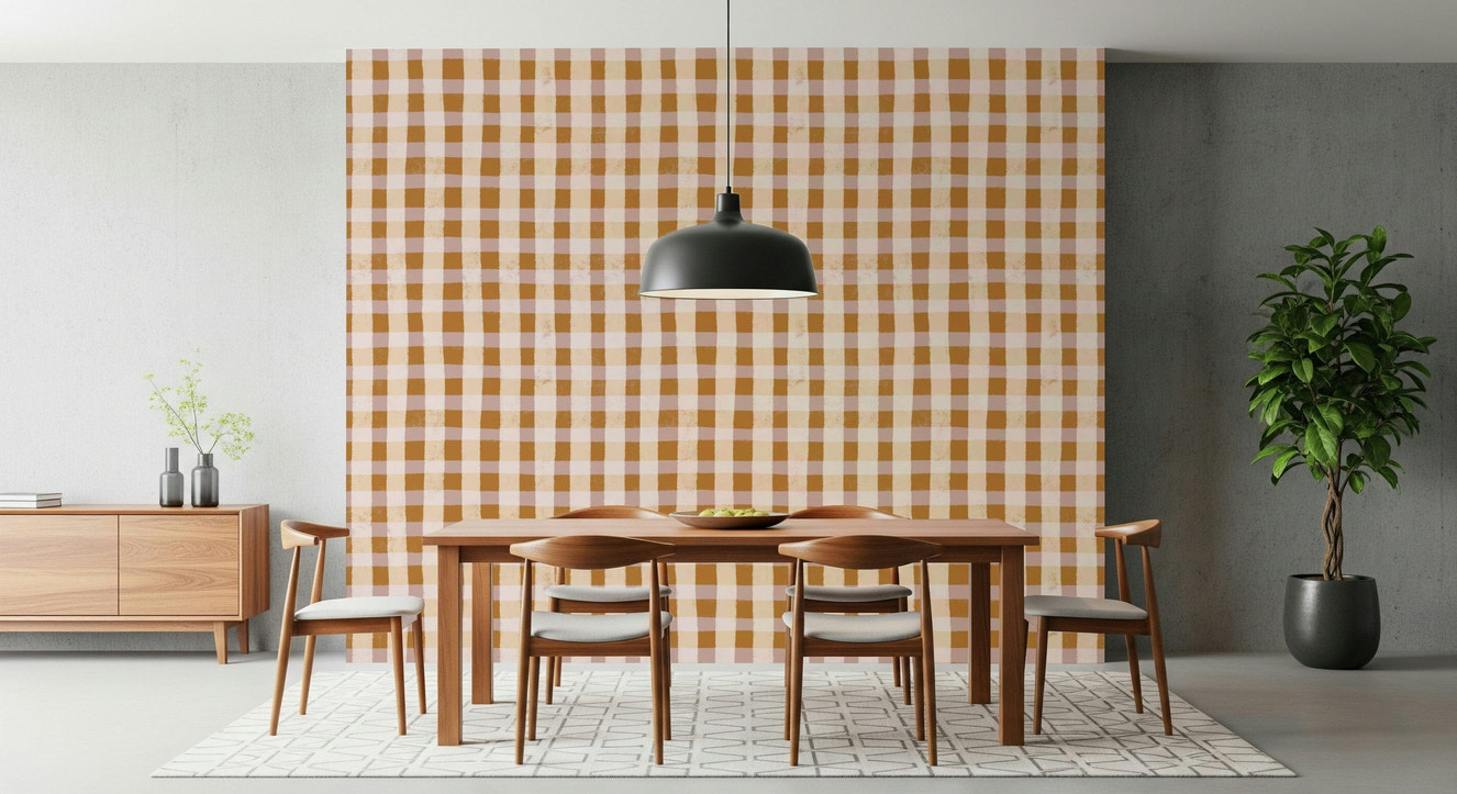 A rustic gingham charm wallpaper featuring warm brown and beige checkered patterns with a hand-painted look.