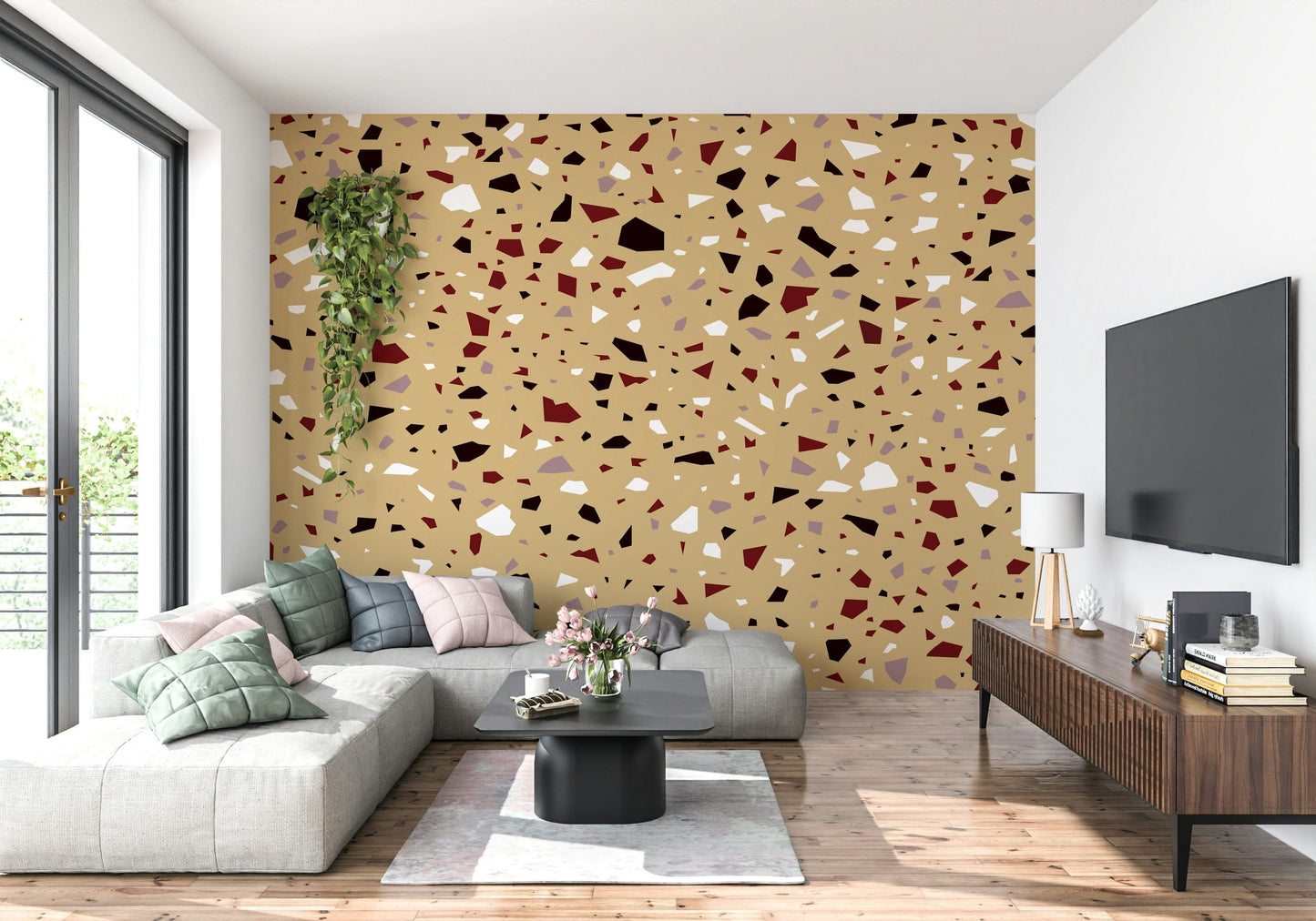 A graceful subtle geometric wall mural in cool, natural tones.