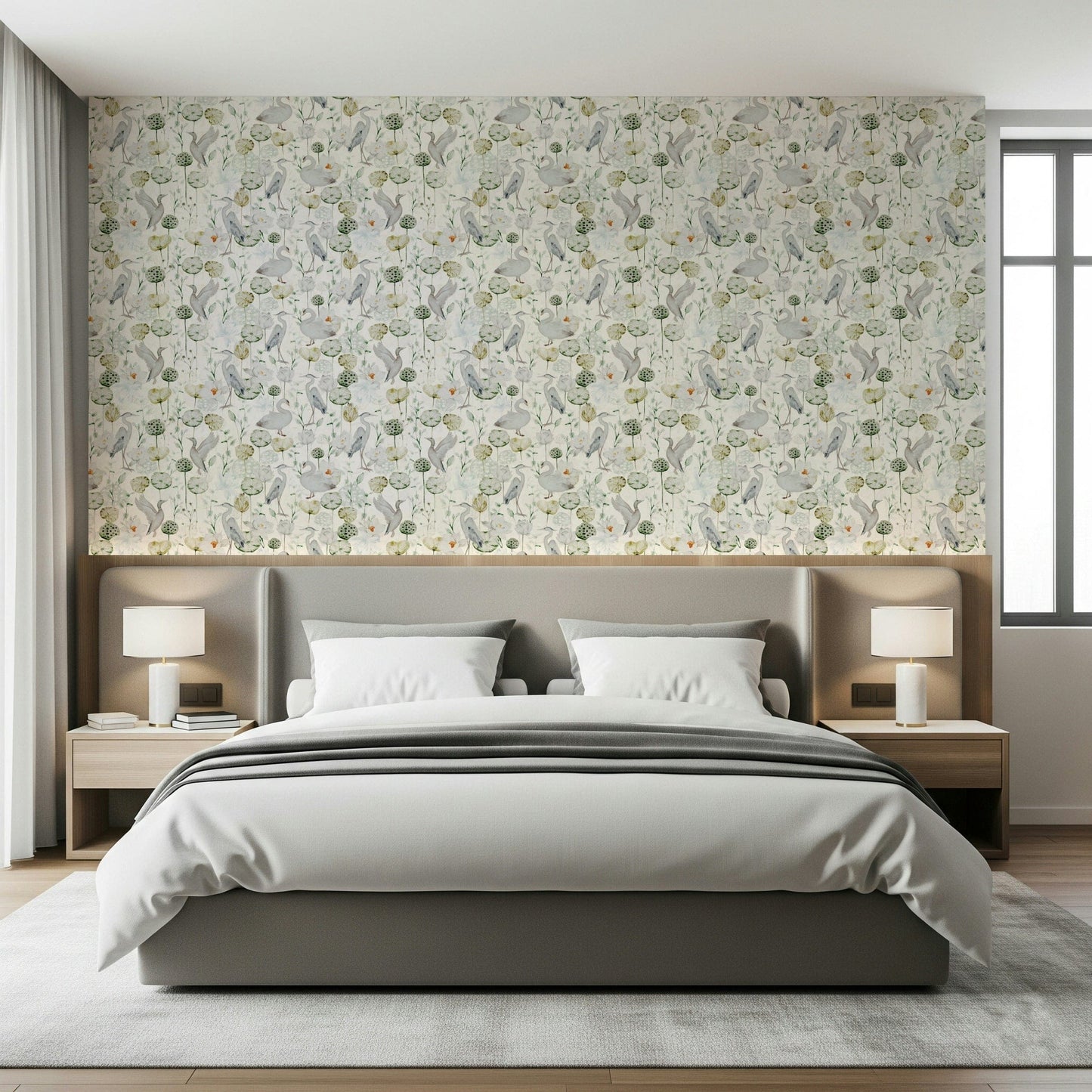 Premium Water Garden Serenity wallpaper for walls, gentle avian imagery.