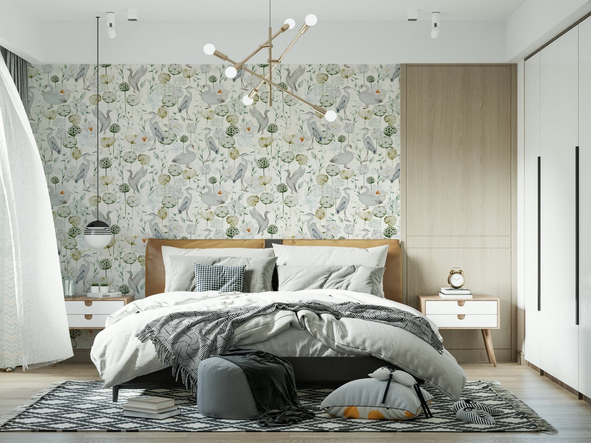 Elegant Water Garden Serenity wallpaper for walls, crane and lily pads.