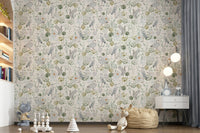 Water Garden Serenity wallcovering, graceful waterbirds, seed pods art.