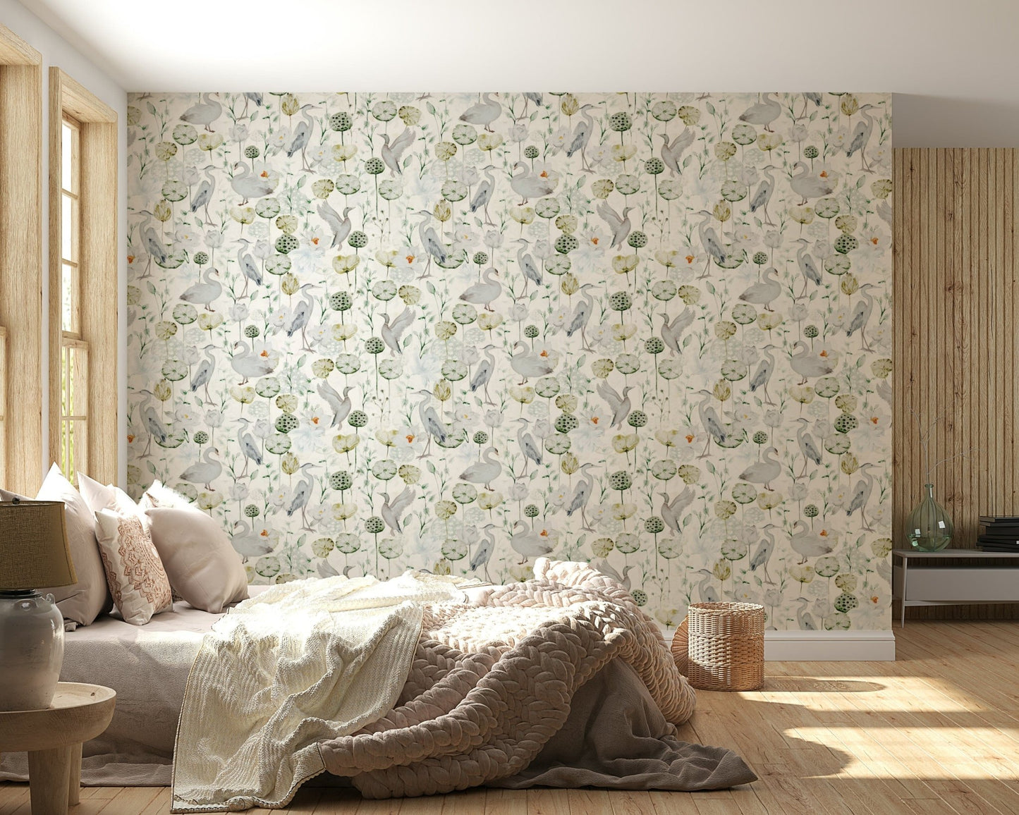 Water Garden Serenity wall mural, heron, lotus flowers, duck pattern.