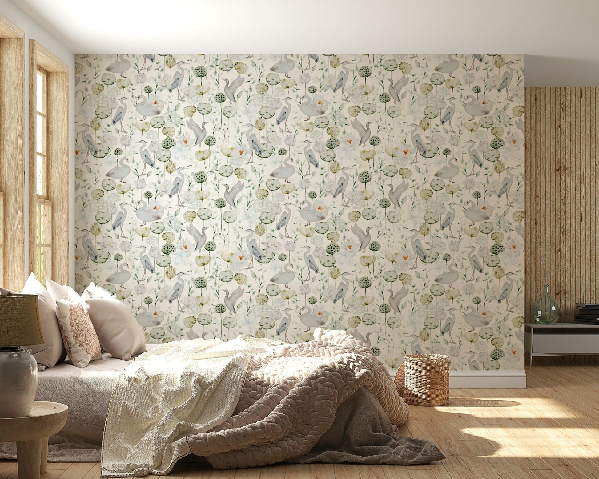 Water Garden Serenity wall mural, heron, lotus flowers, duck pattern.