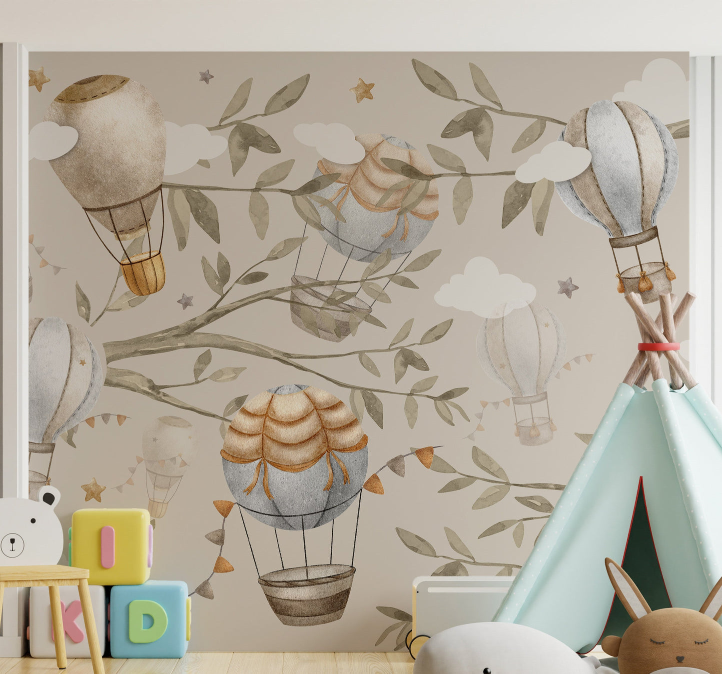 Kids room wallpaper featuring hot air balloons in watercolor