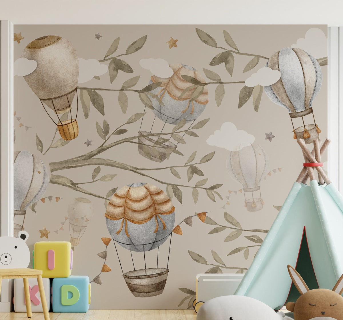 Kids room wallpaper featuring hot air balloons in watercolor