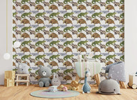 Playful children room wildlife wallpaper with hand painted crocodile and badger patterns