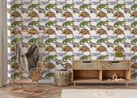 Patterned animal kids room wall mural with watercolor badgers and aquatic figures