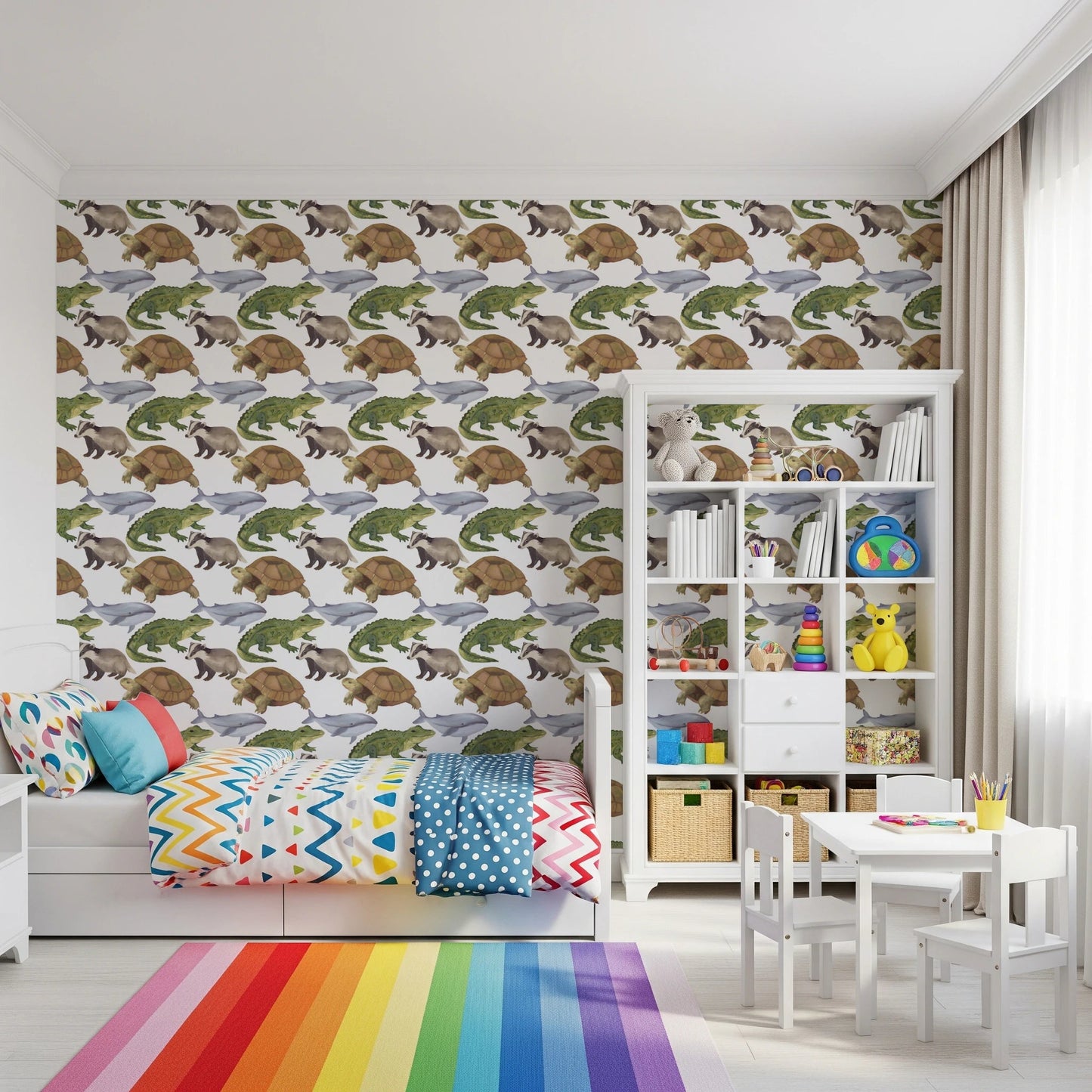 Gentle watercolor whale kids bedroom wall mural featuring a charming animal theme