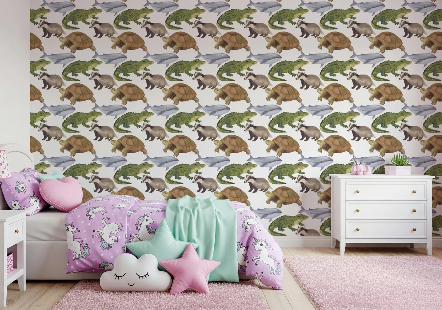 Kids wallpaper with tortoise crocodile and whale animal illustrations