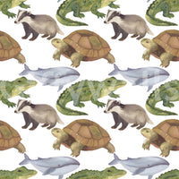 Fun wildlife wall mural featuring colorful tortoise and badger art
