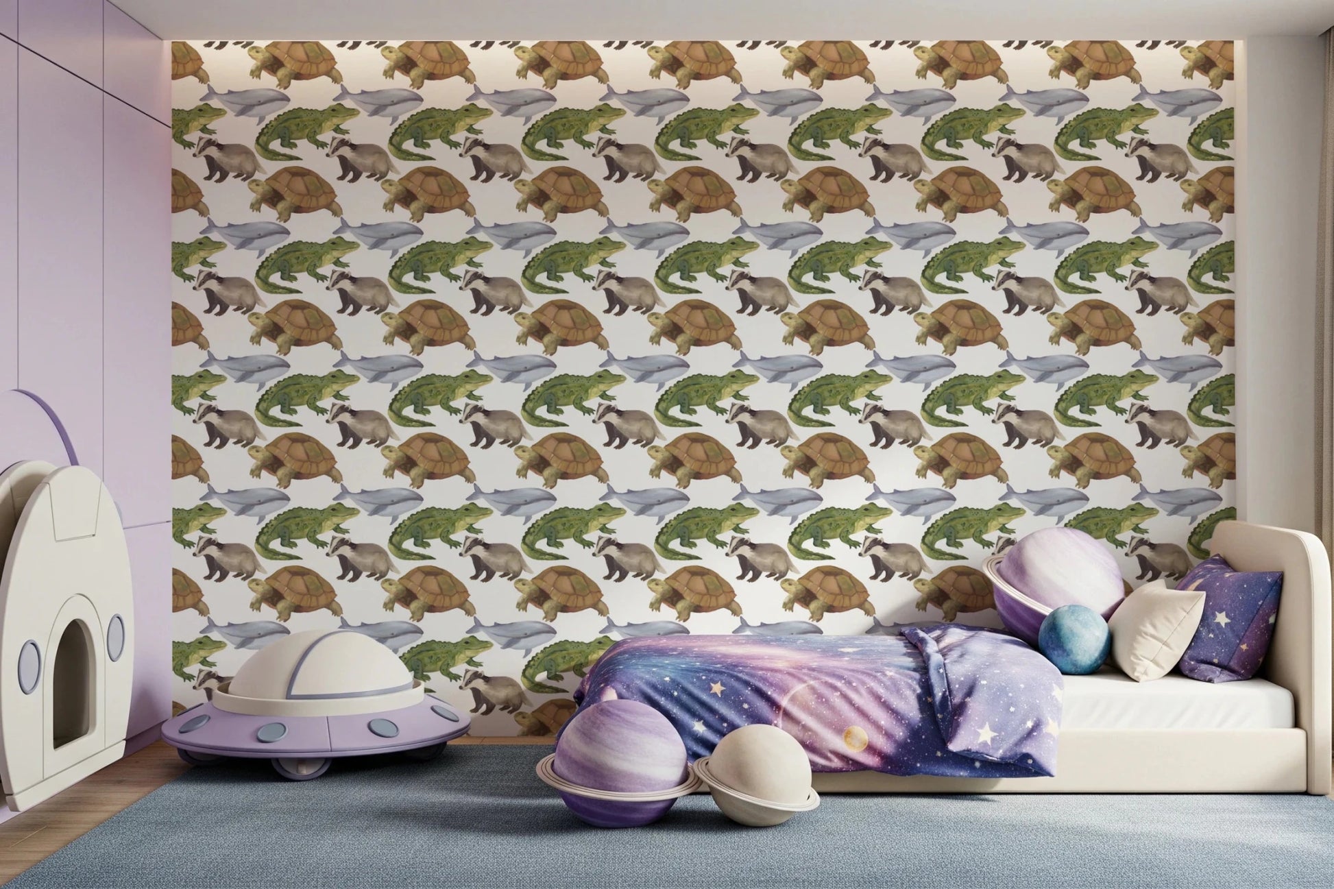 Whimsical whale and badger wallpaper for a kids room playful wildlife theme