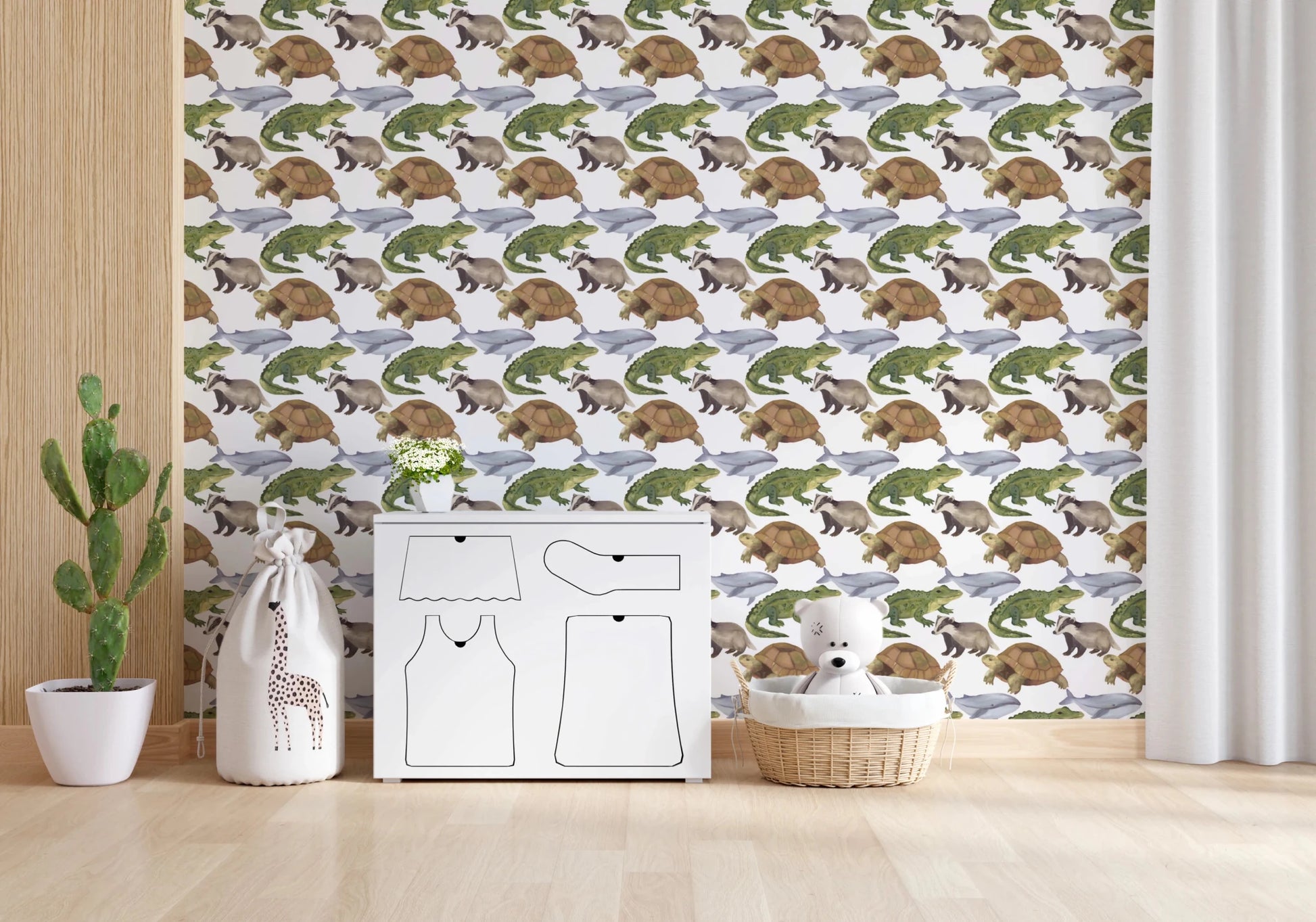 Artistic watercolor wallpaper for nursery featuring tortoise and aquatic creature motifs