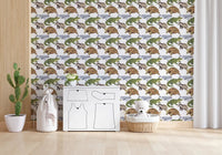 Artistic watercolor wallpaper for nursery featuring tortoise and aquatic creature motifs