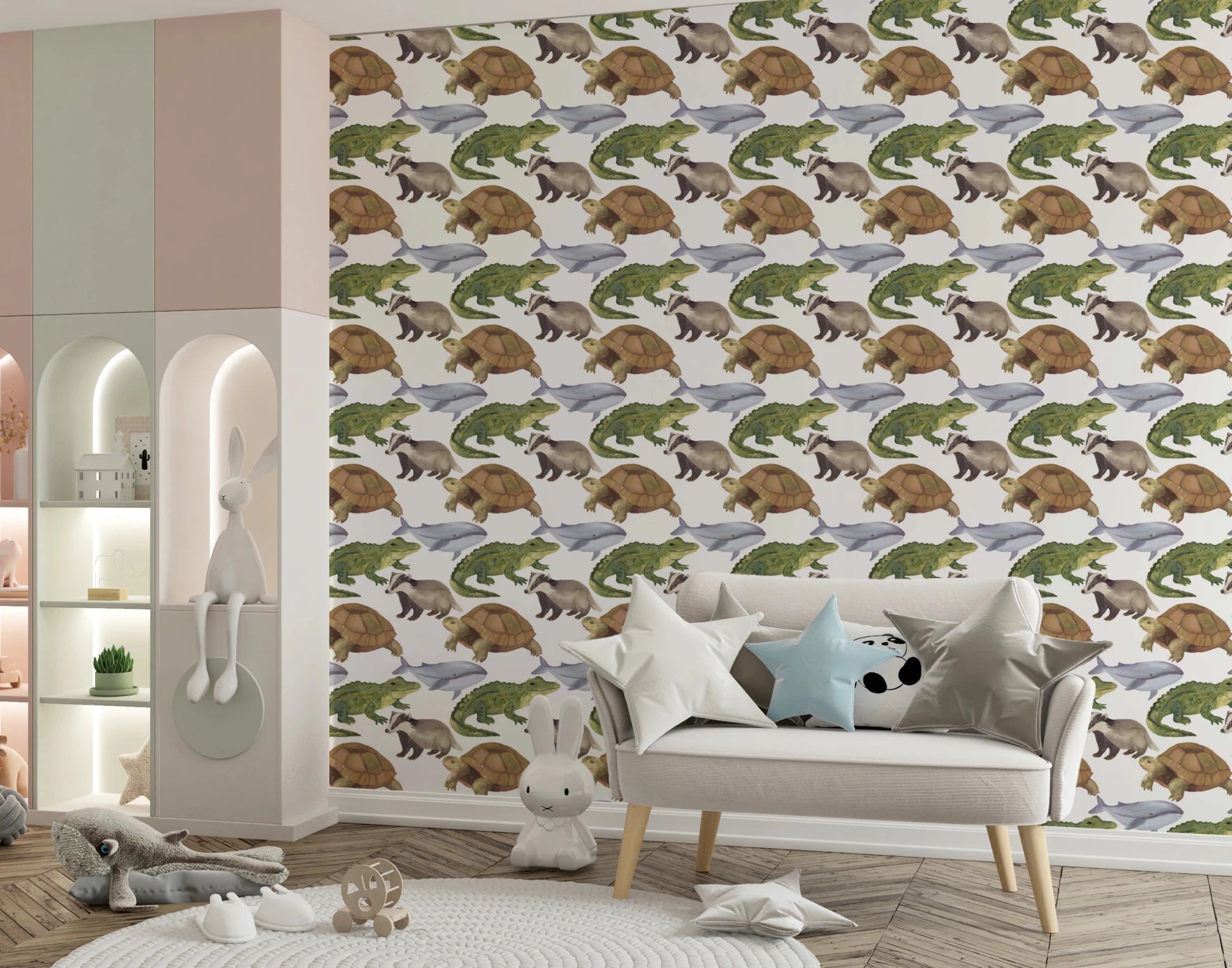 Soft watercolor animal patterned wallpaper for walls with detailed wildlife art
