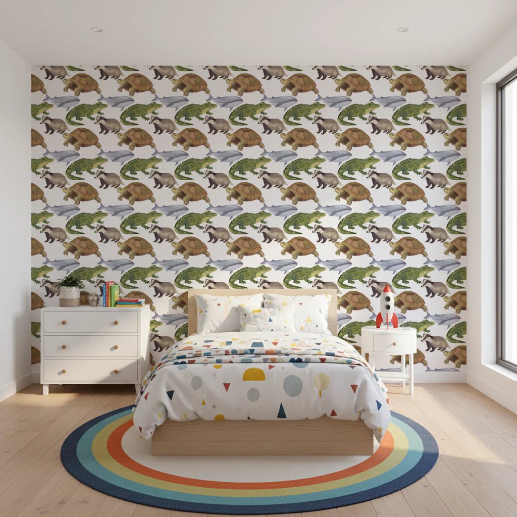 Illustration style wall mural with friendly tortoise and whale motifs