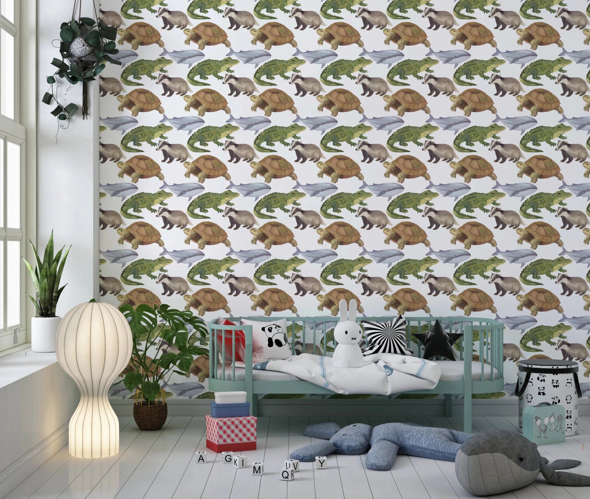 Creative animal wall mural displaying various painted wildlife characters