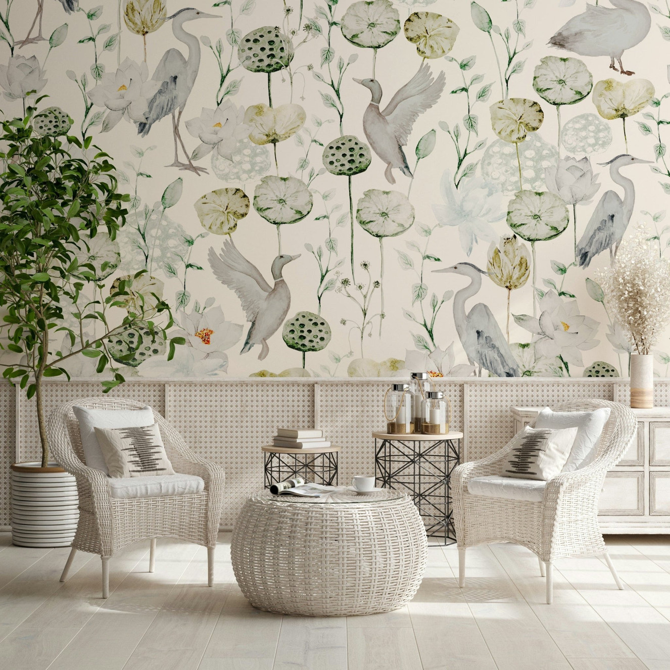 Decorative Watercolor Bird Haven wallpaper for walls with wildlife.