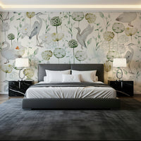 Muted green and beige Watercolor Bird Haven wallpaper for walls.