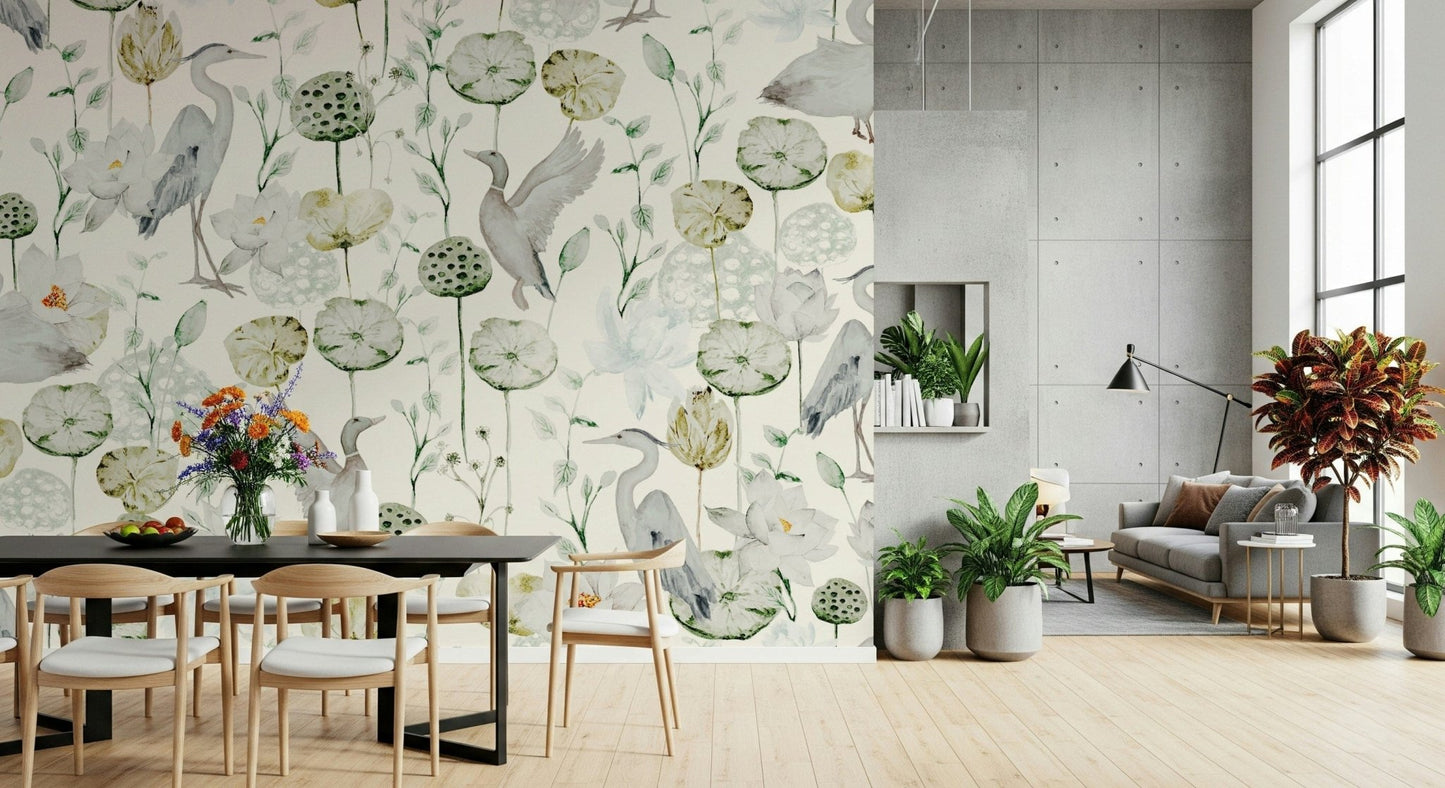 Bedroom accent wall Watercolor Bird Haven covering and florals.