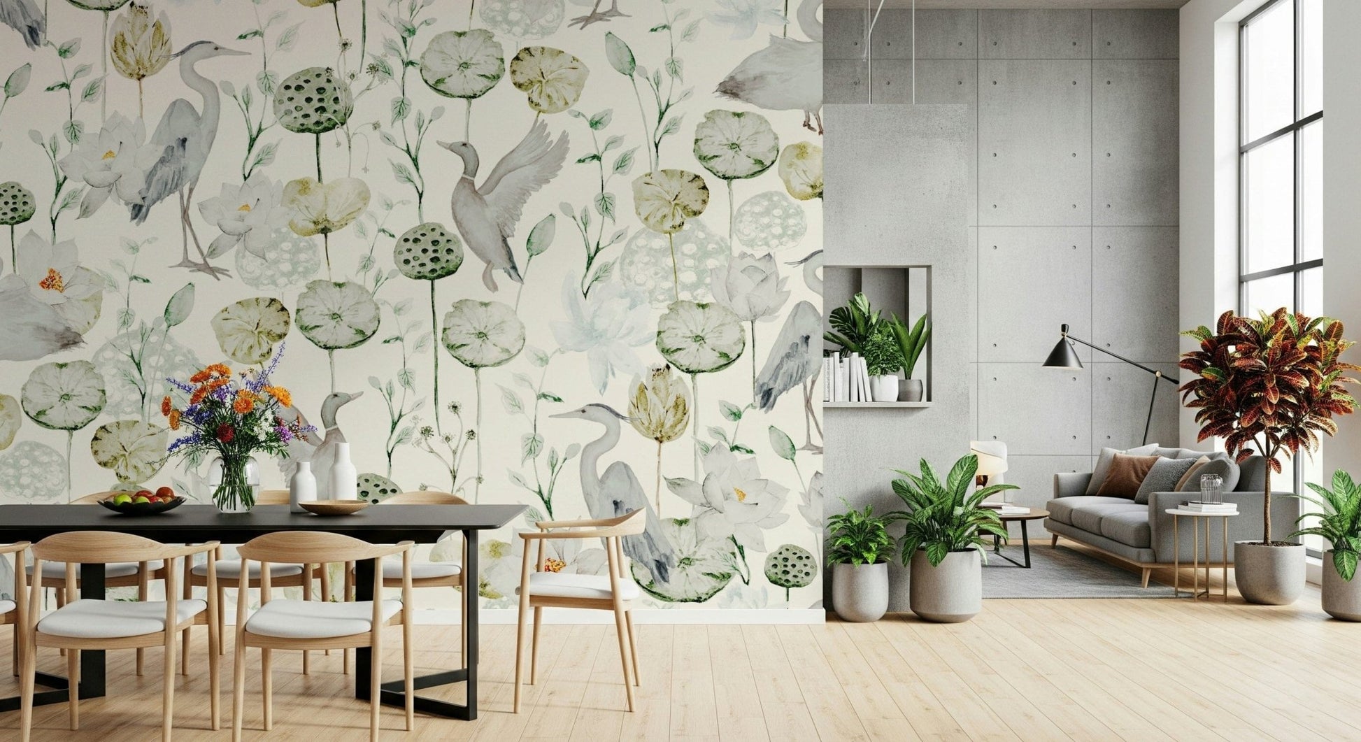 Bedroom accent wall Watercolor Bird Haven covering and florals.