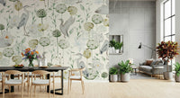 Bedroom accent wall Watercolor Bird Haven covering and florals.