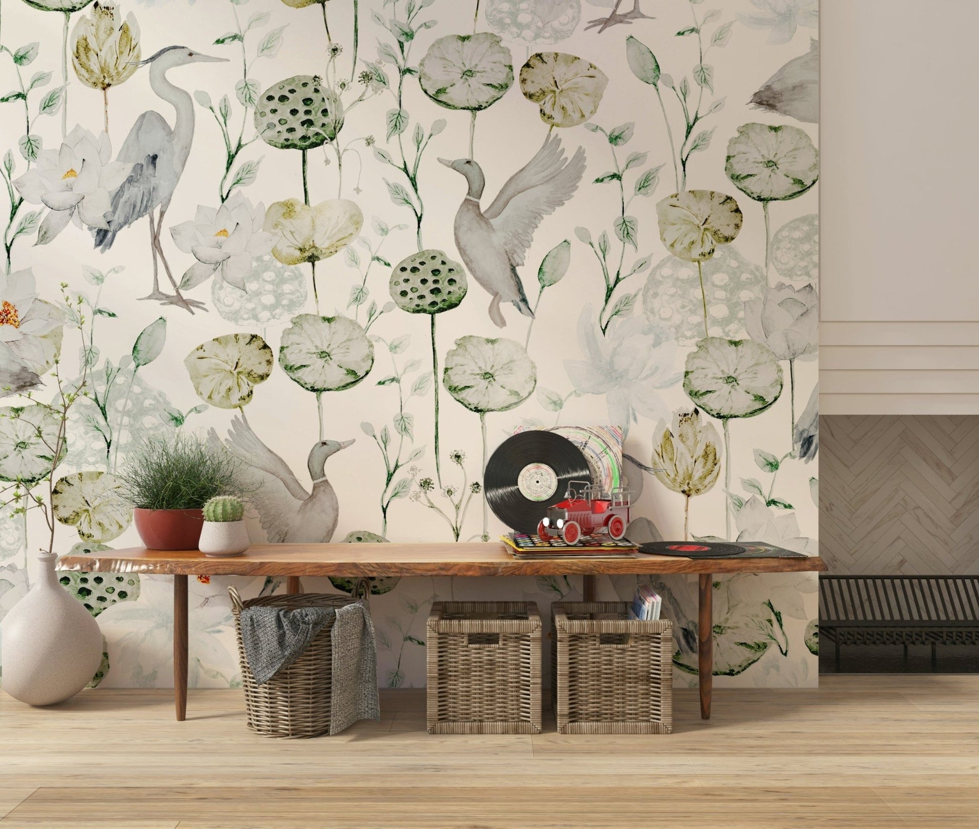 Luxury living room Watercolor Bird Haven paper with flying fowl.