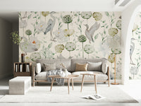 Artistic bird sanctuary motif, Watercolor Bird Haven wall design.