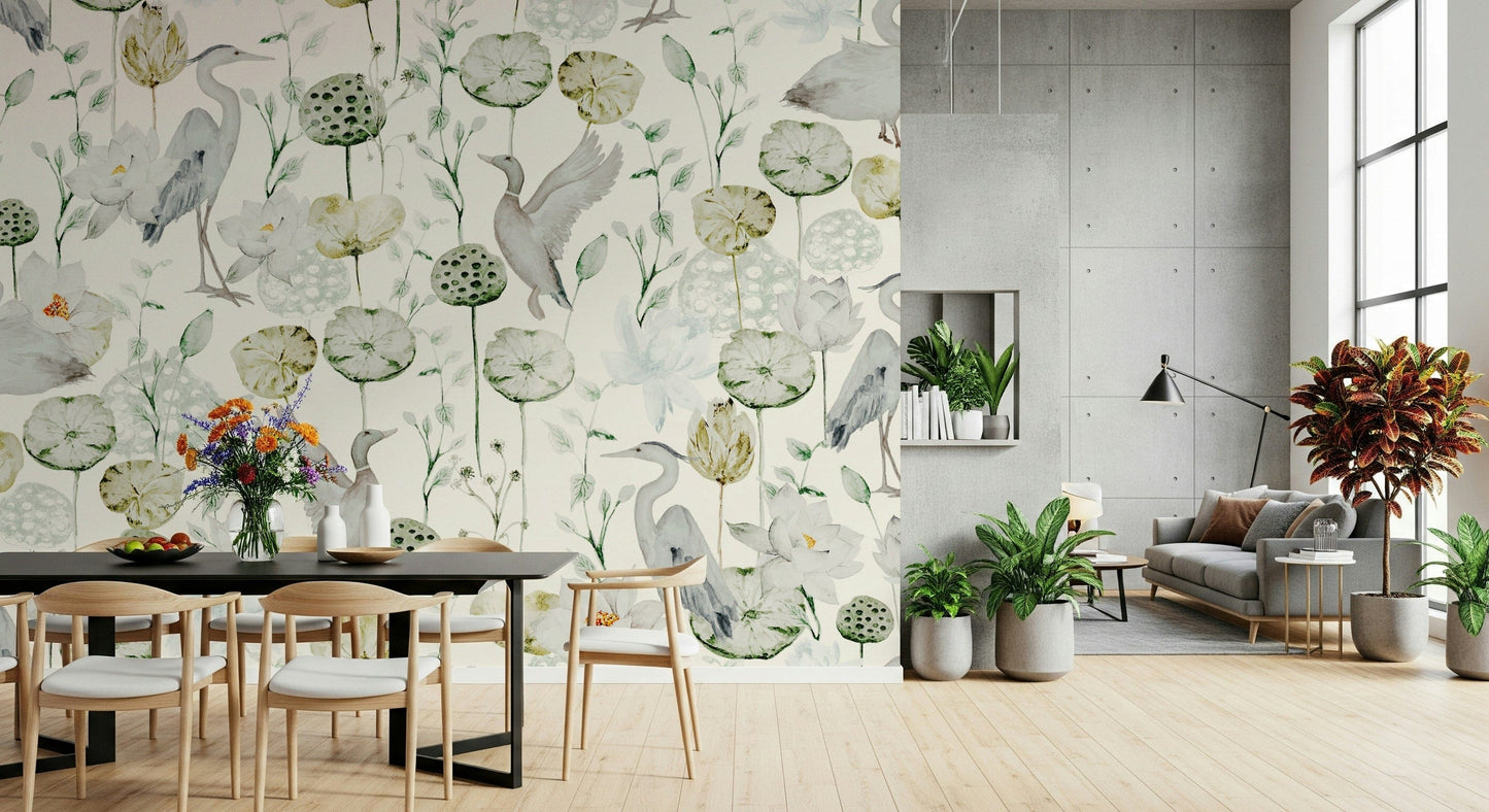 Bedroom accent wall Watercolor Bird Haven covering and florals.