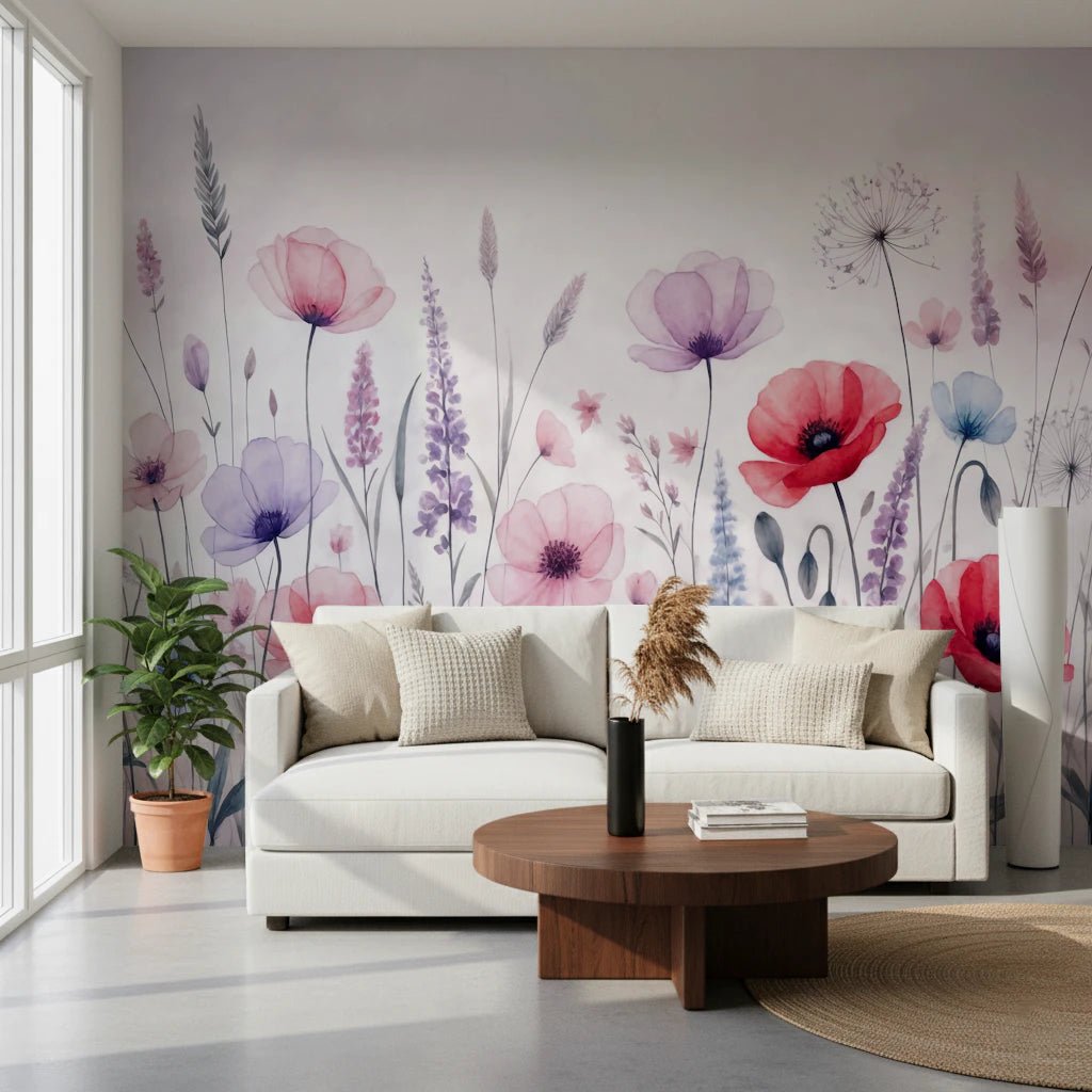 Watercolor Bloomscape wallpaper mural of pink and red poppies and lavender behind a white sofa with a round walnut table