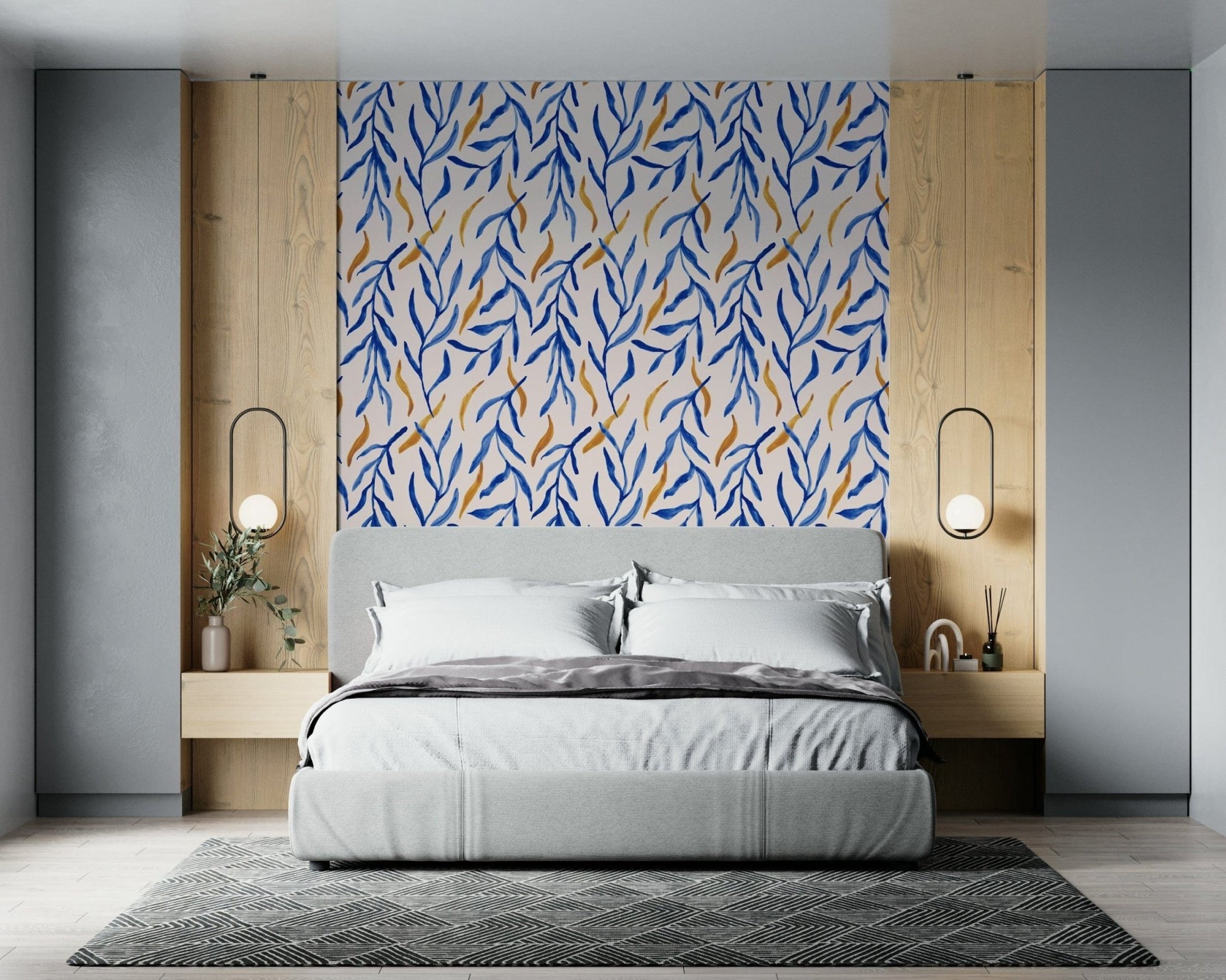 Watercolor botanical mural showcasing soft blue florals with golden highlights.