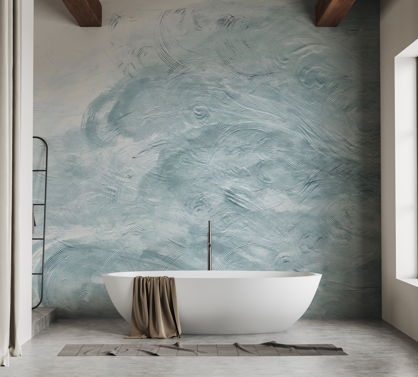 Watercolor Blue Waves wallpaper mural as a feature wall in a bright, contemporary living room in blue tones
