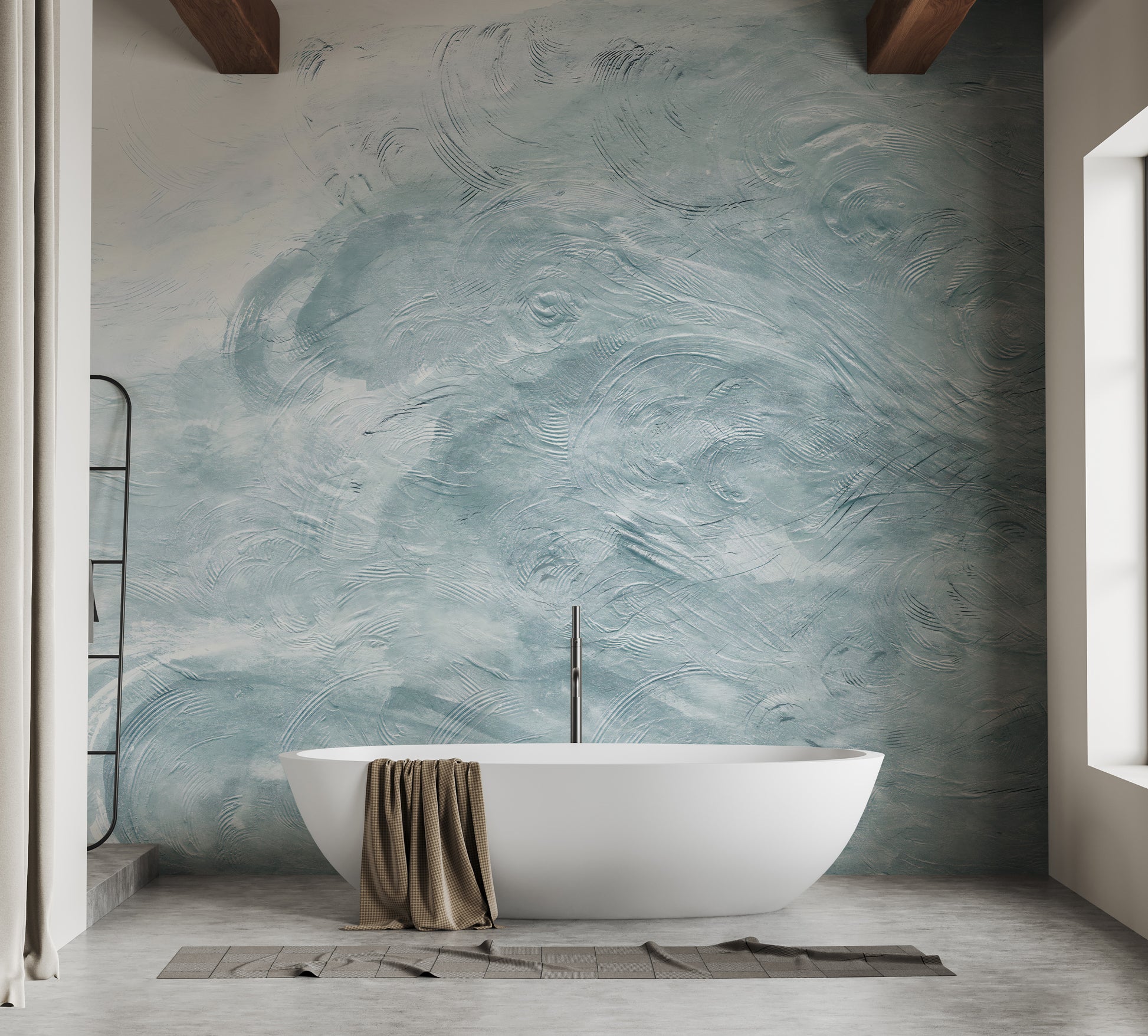 Watercolor Blue Waves wallpaper mural as a feature wall in a bright, contemporary living room in blue tones