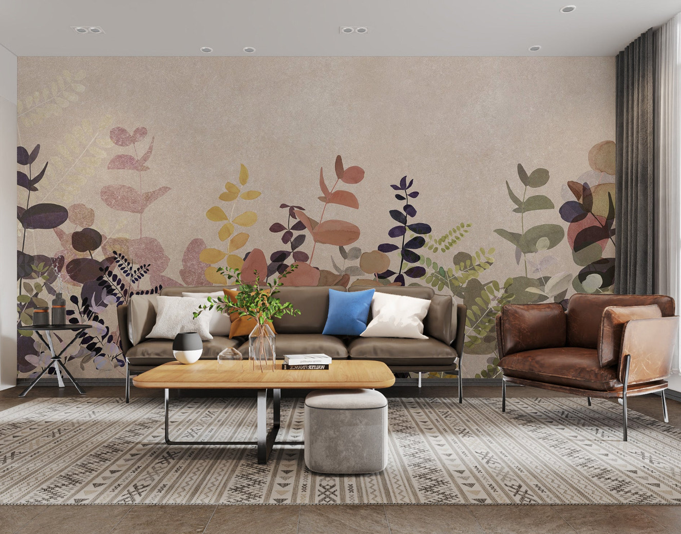 Soft foliage wallpaper with terracotta and olive tones
