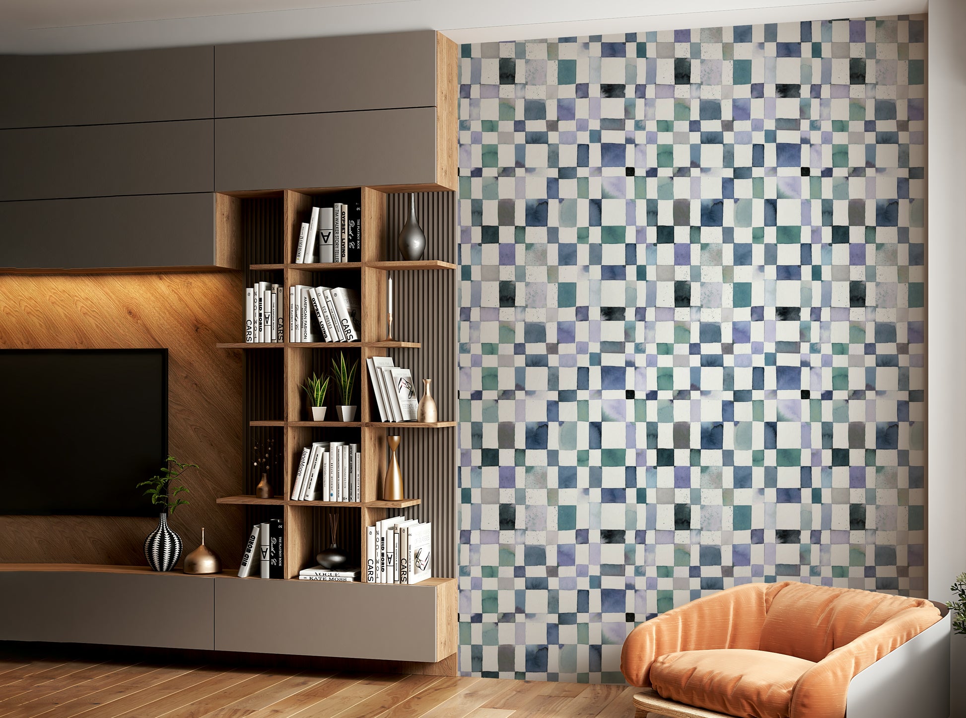 Soft geometric wallpaper with a checker pattern in blue hues.

