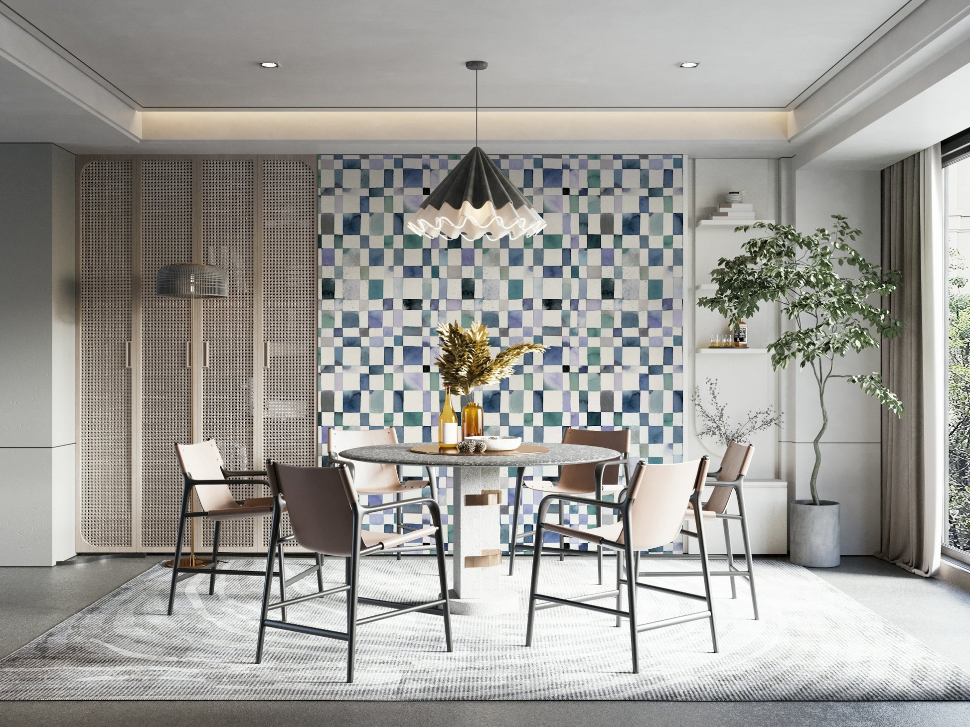 Classic blue grid design with subtle watercolor shading.

