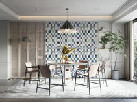 Classic blue grid design with subtle watercolor shading.

