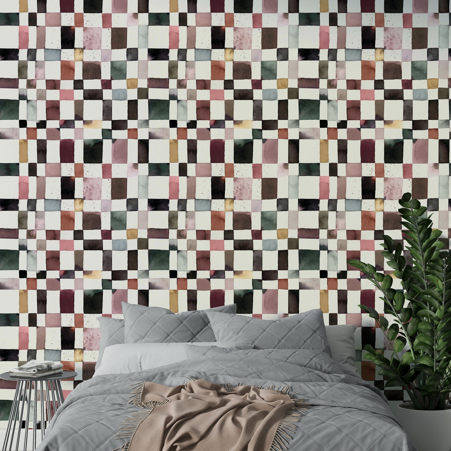 Wallpaper with classic grid layout and watercolor texture.

