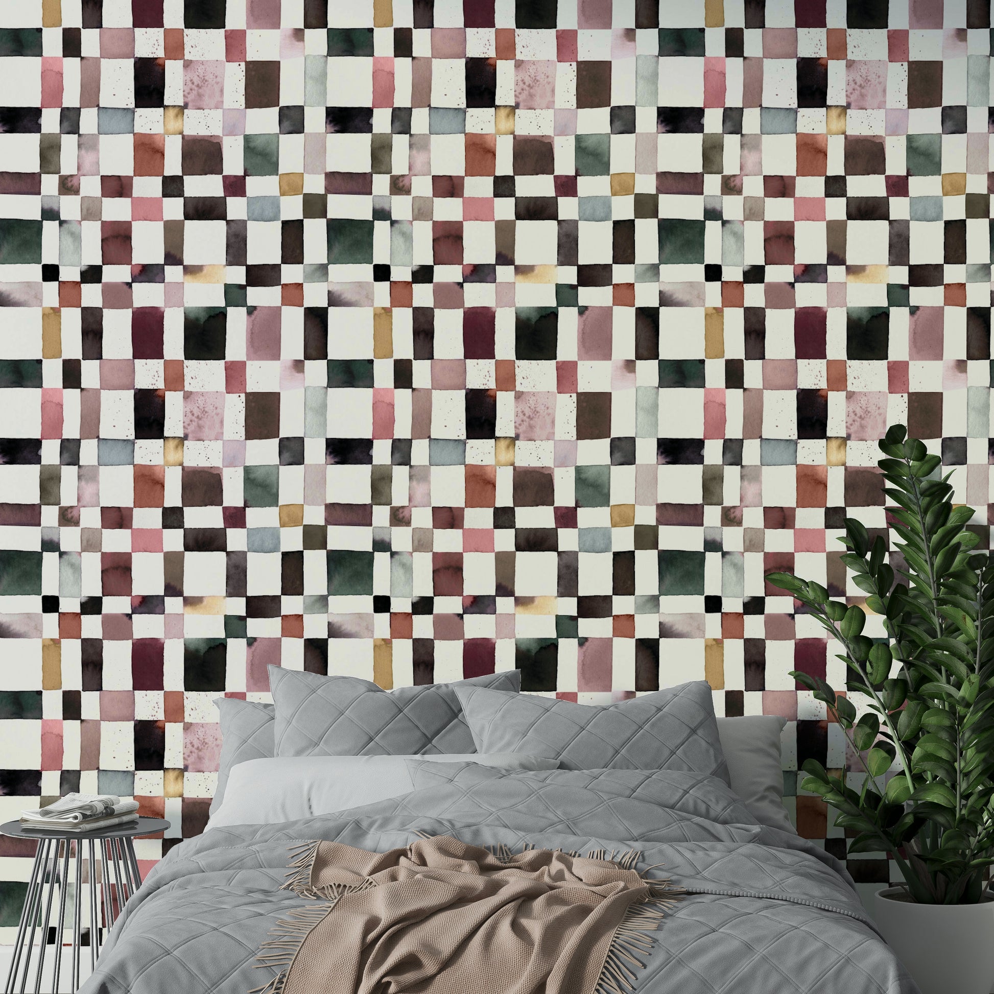 Wallpaper with classic grid layout and watercolor texture.

