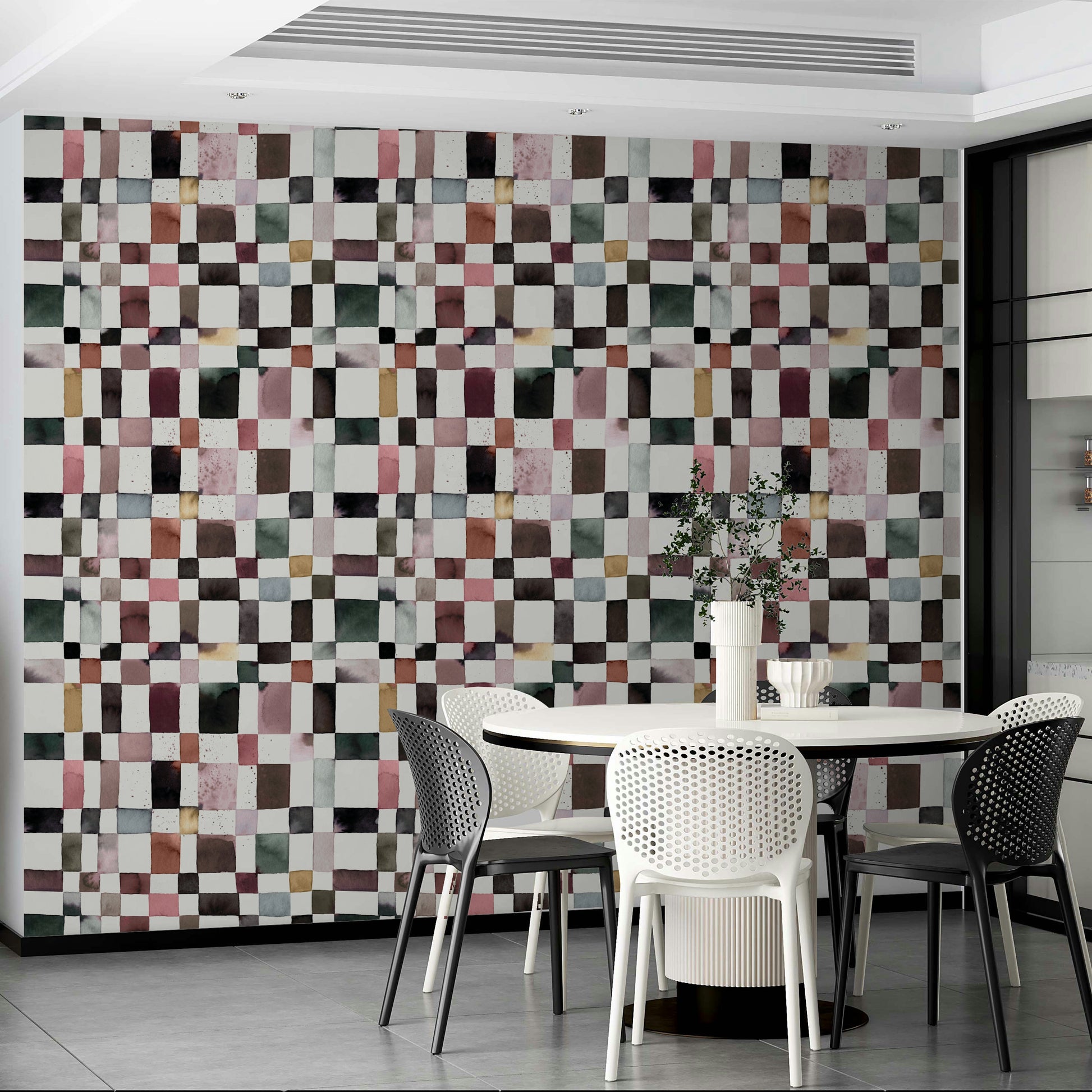 Calm geometric design with organic watercolor squares.

