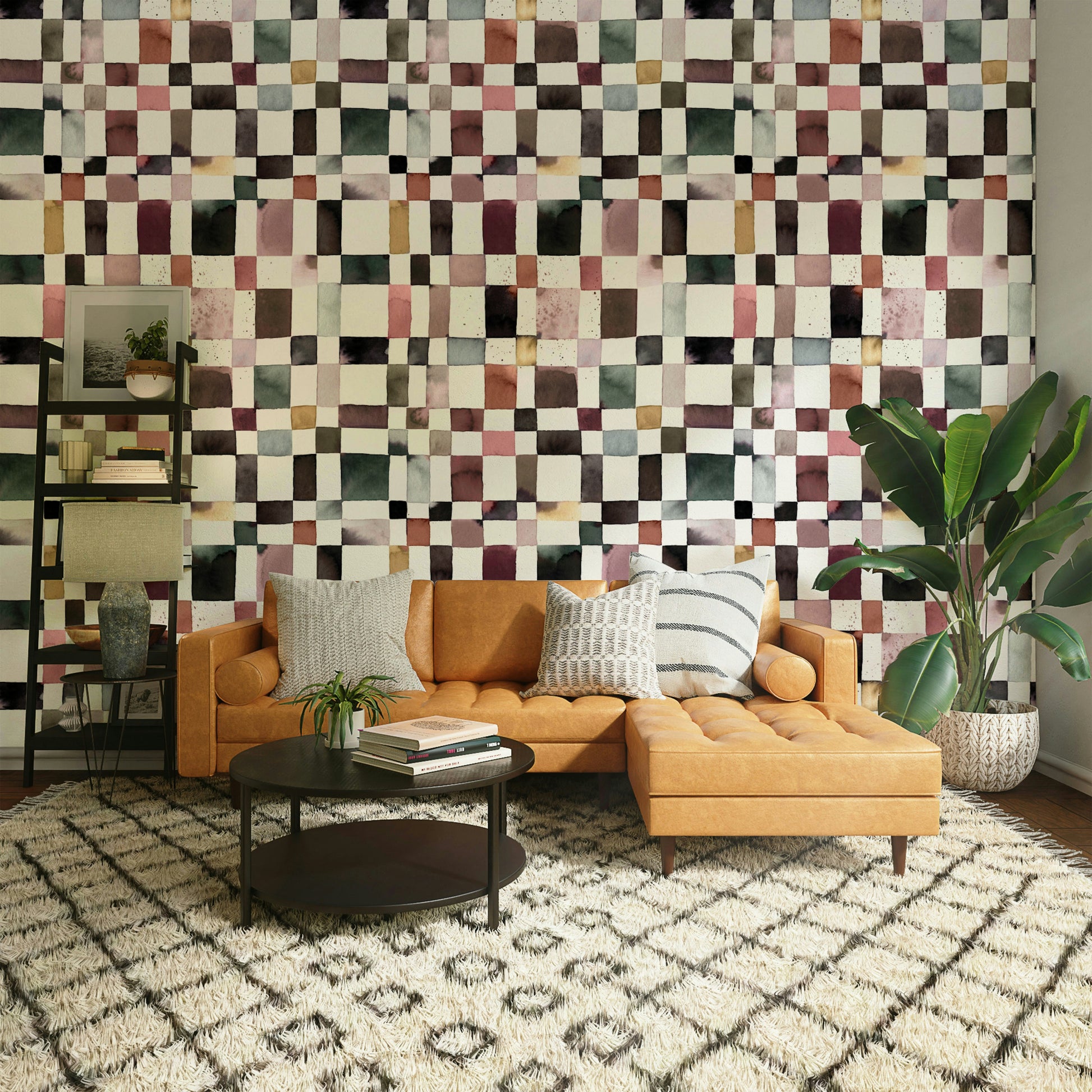Watercolor check wallpaper with geometric balance and softness.

