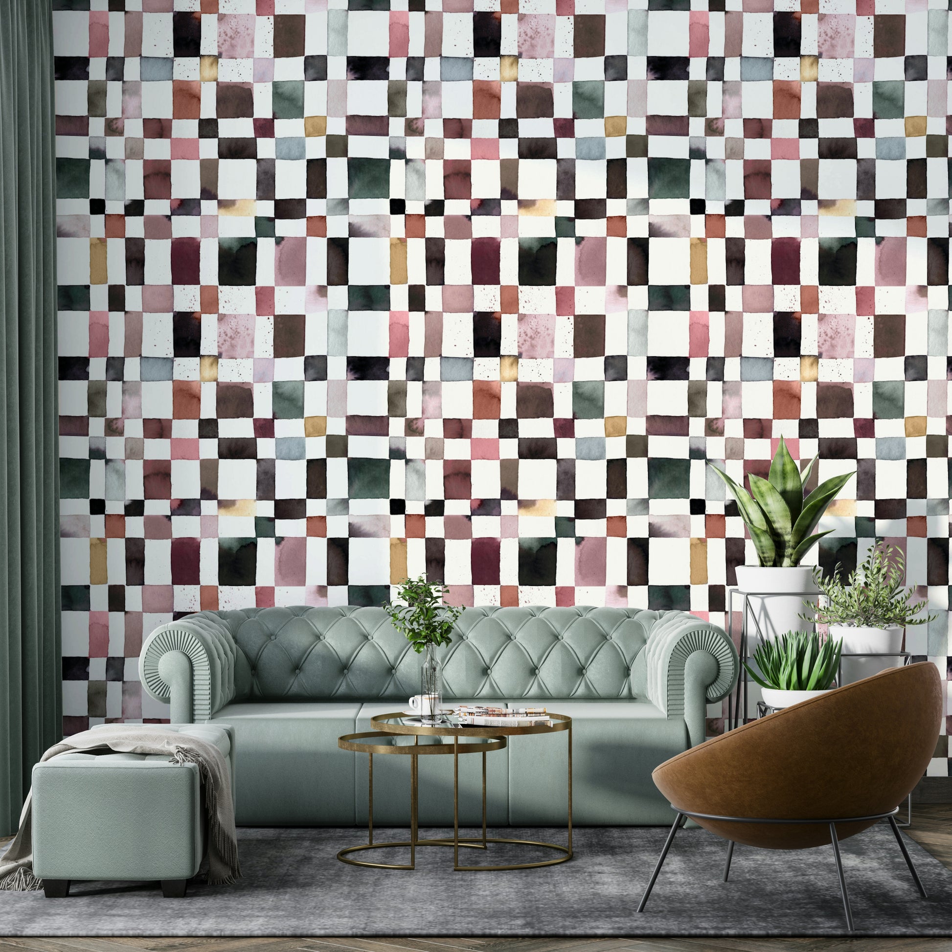 Watercolor grid pattern with soft tonal shifts.

