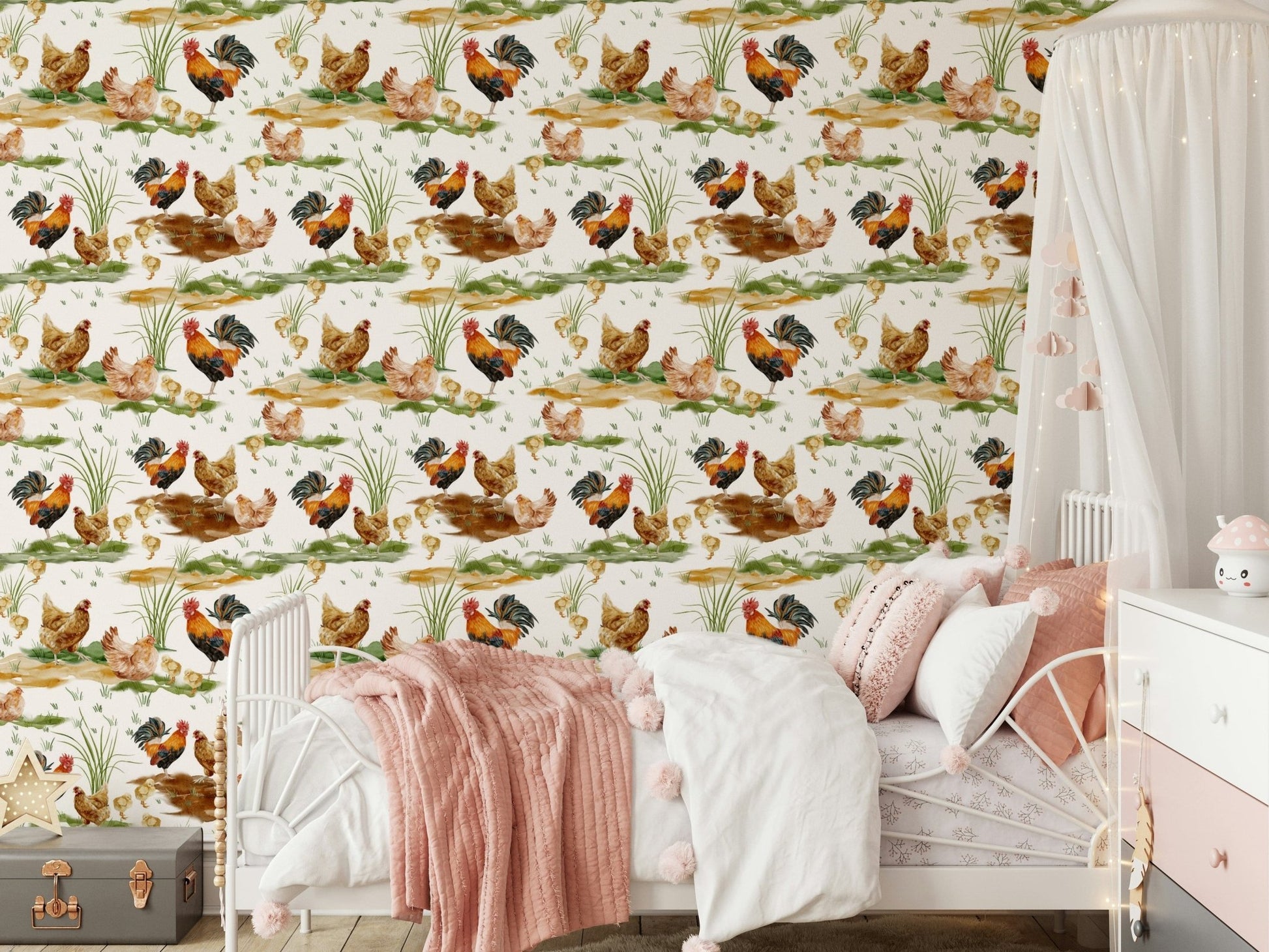 Beautiful Watercolor Chicken Coop wall art featuring realistic poultry.